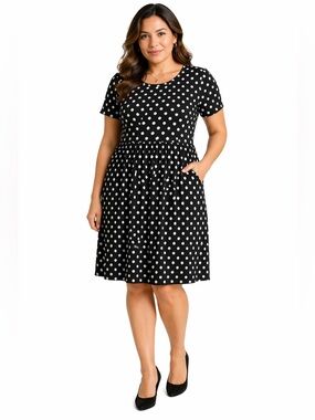Amelia Dress Black White Polka Dot Short Sleeve Fit & Flare w/ Pockets XL